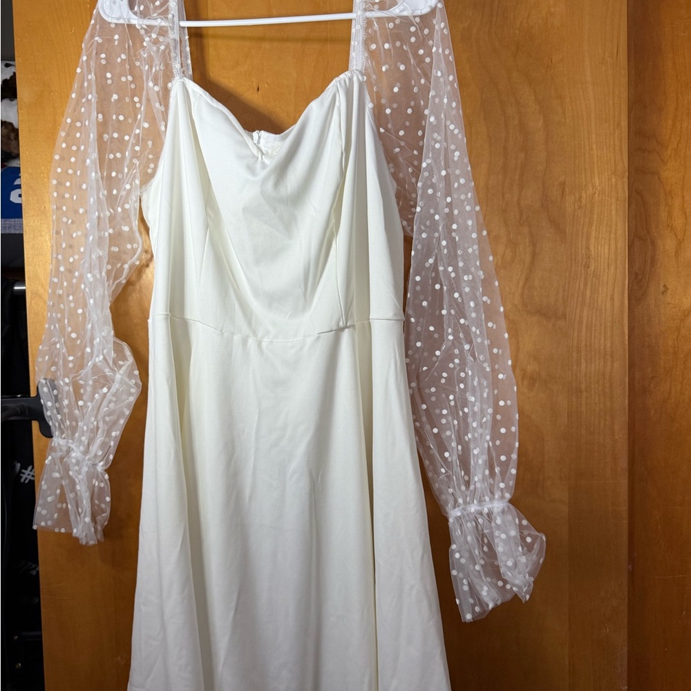 SHEIN White Mini Dress with Sheer Polka Dot Sleeves